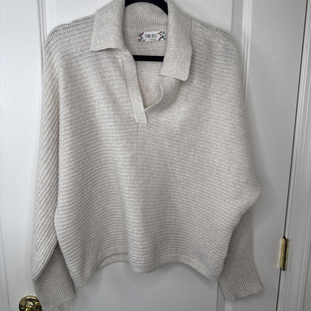 Pink Rose Womens Large Oatmeal Waffle Knit V Neck Sweater Cozy Casual